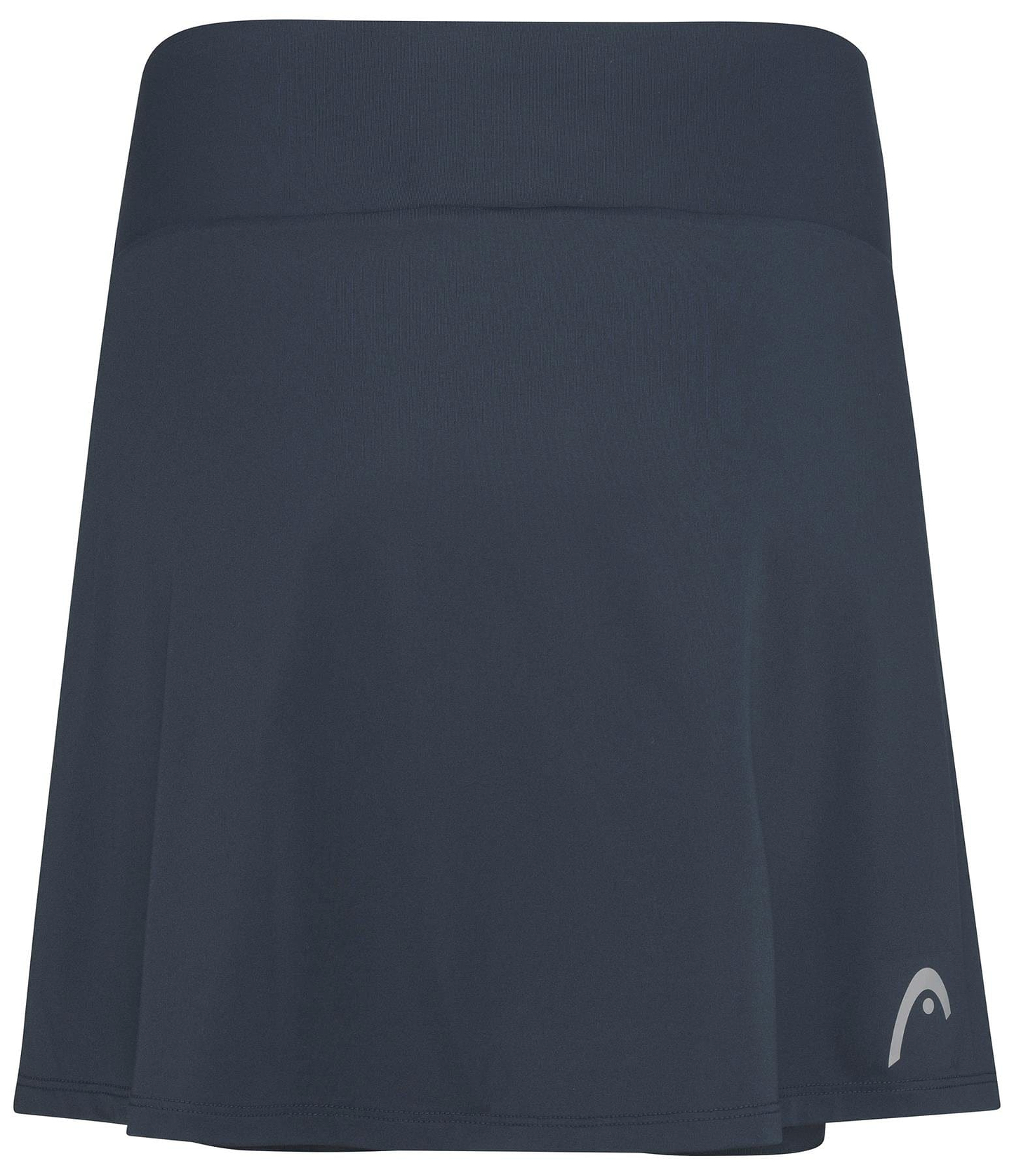 The HEAD Club Basic Women's Badminton Skort Long in navy blends comfort and style with its wide waistband and smooth, stretchy fabric. Perfect for sports like badminton, it features a logo on the lower right side and Moisture Transfer Microfibre for optimal performance.