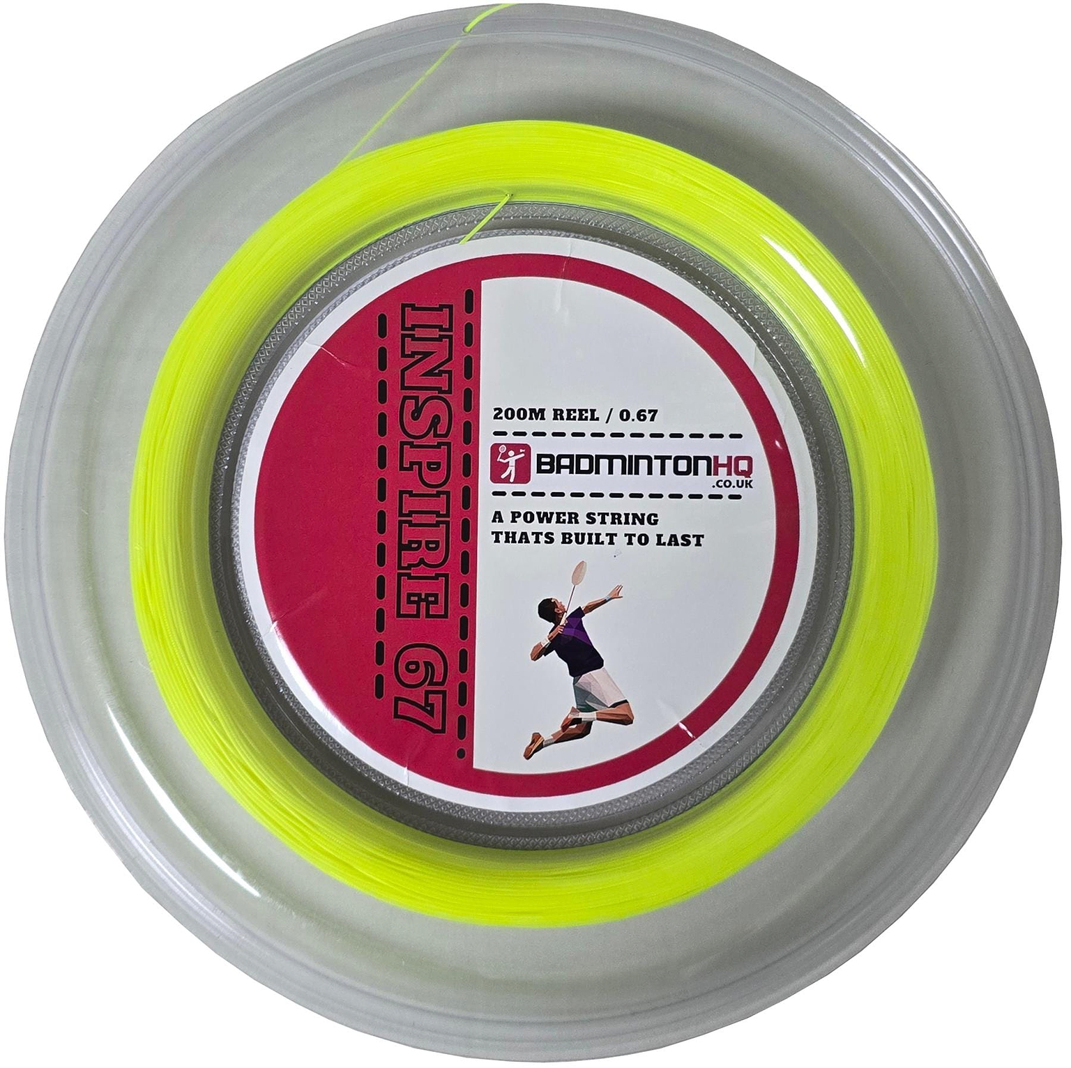 The BadmintonHQ Inspire 67 Zoom Badminton String, in neon yellow, 0.67mm gauge and 200m reel, features an image of a person jumping and is described as "A POWER STRING THAT'S BUILT TO LAST.