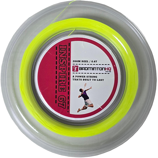 The BadmintonHQ Inspire 67 Zoom Badminton String, in neon yellow, 0.67mm gauge and 200m reel, features an image of a person jumping and is described as "A POWER STRING THAT'S BUILT TO LAST.