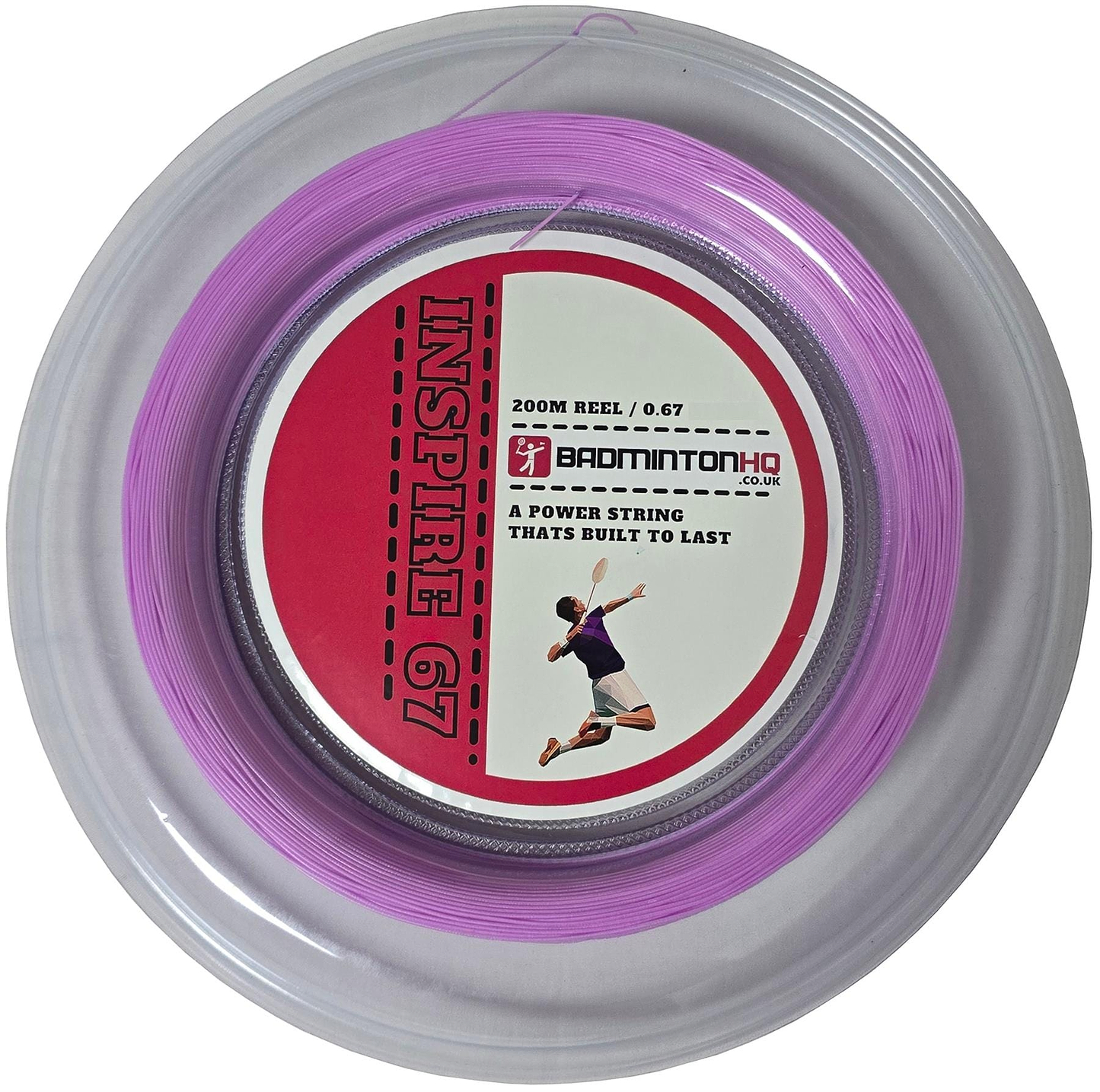 Close-up of a light pink, 0.67mm, 200m badminton string reel labeled "BadmintonHQ Inspire 67 Zoom Badminton String," in a circular plastic case with a red and white label featuring an action shot of a player.