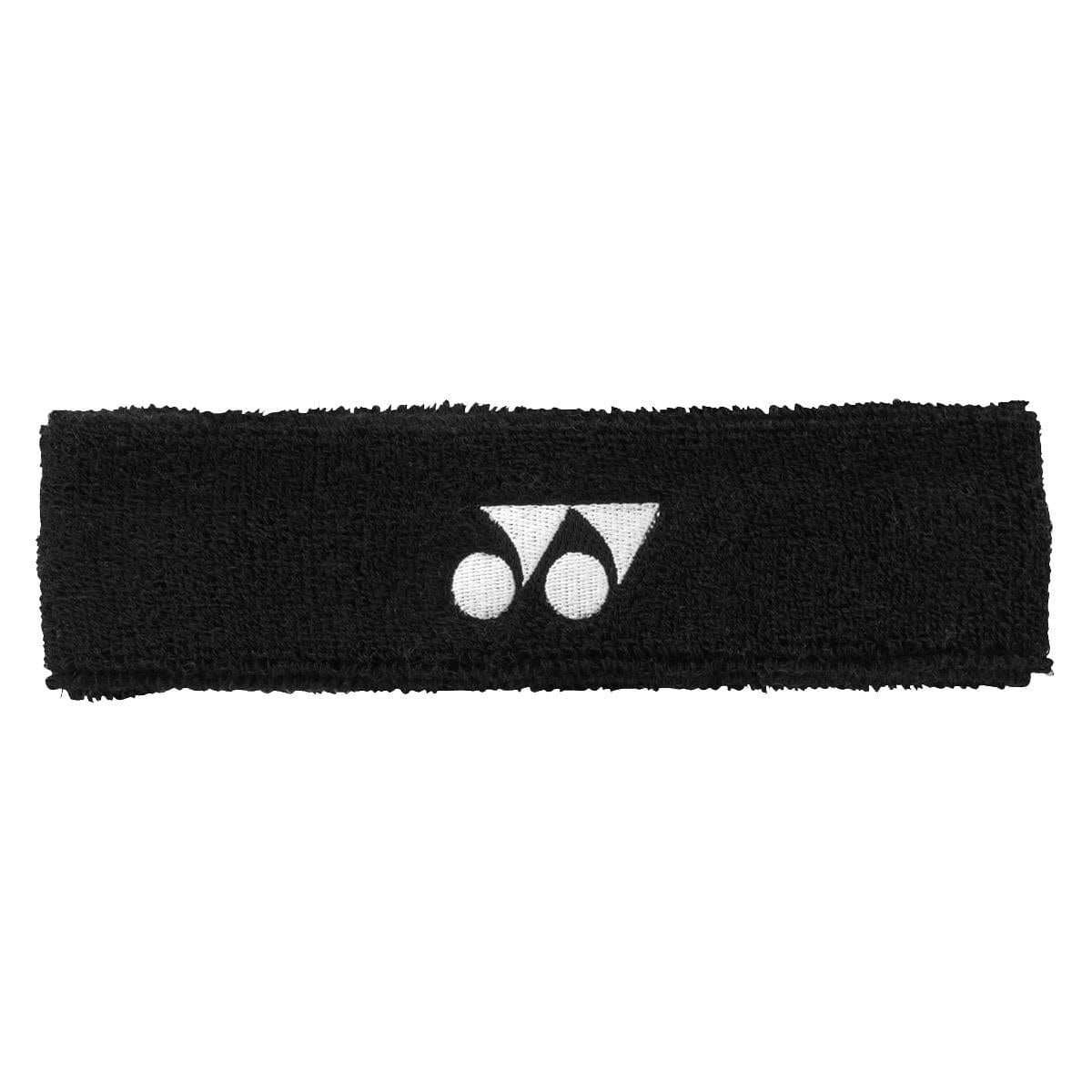 The Yonex AC259 Headband in black, featuring a white logo in the center with two circles and an inverted triangle, is a sweat-absorbing accessory that ensures comfort for any sports enthusiast.