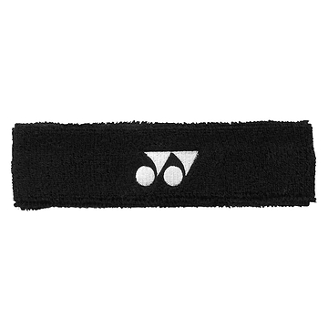 The Yonex AC259 Headband in black, featuring a white logo in the center with two circles and an inverted triangle, is a sweat-absorbing accessory that ensures comfort for any sports enthusiast.