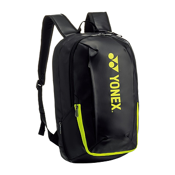 The Yonex 82412EX Active Badminton Backpack in black with lime accents features adjustable padded shoulder straps, a front zipper closure, and a prominent brand logo. It also includes a separate shoe compartment for convenience.