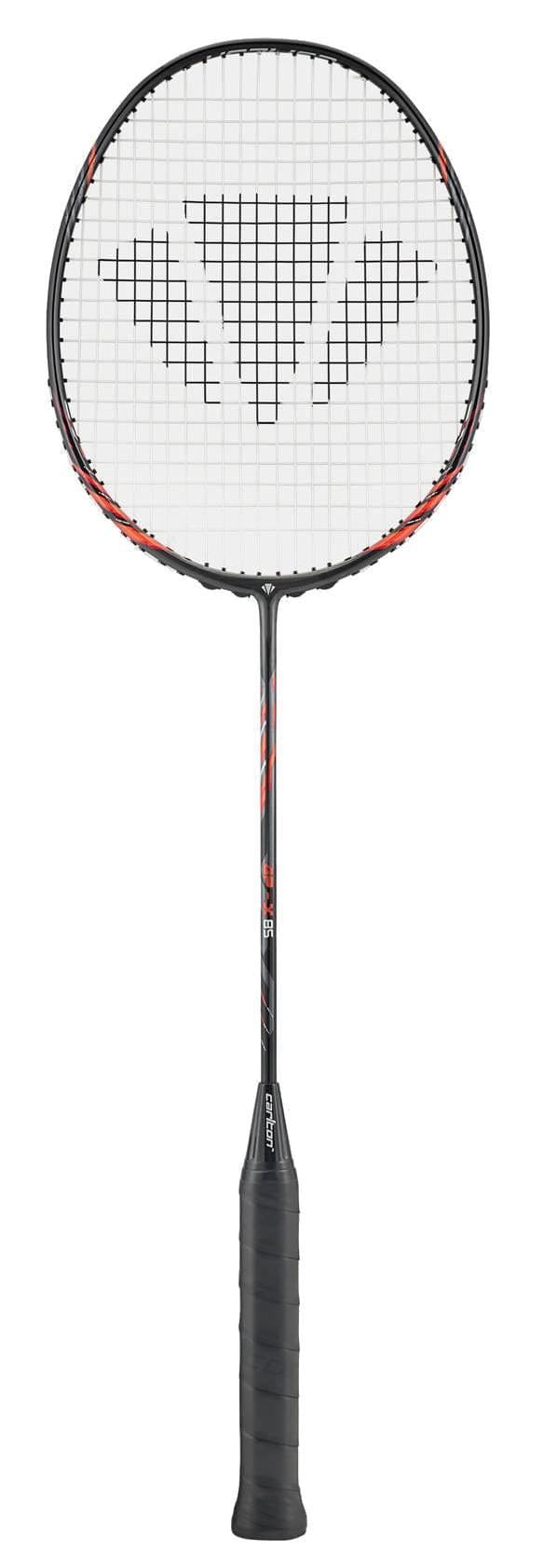 The Carlton GP-X 85 3U Badminton Racket by Carlton features Japanese High Modulus Graphite construction, a black grip, and a bold black/red triangular string pattern, making it ideal for advanced players.