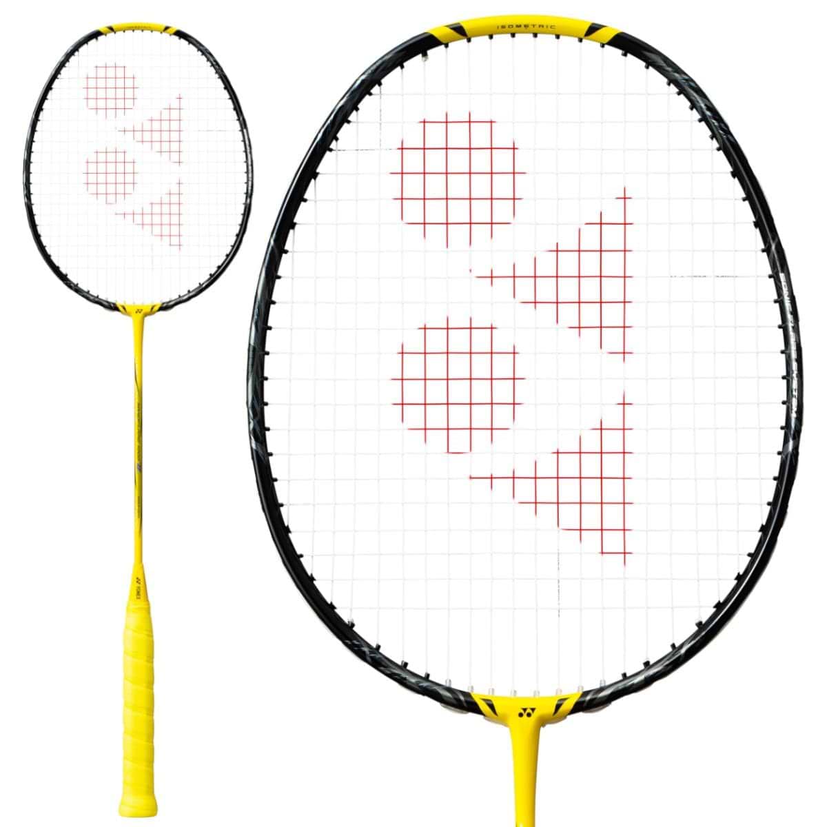 Introducing the Yonex Nanoflare 1000 Z 4U Badminton Racket in Lightning Yellow: this racket features a striking yellow and black design with a patterned string face and red geometric accents. Its handle is wrapped in yellow tape, providing agile maneuverability for achieving the fastest smashes on the court.