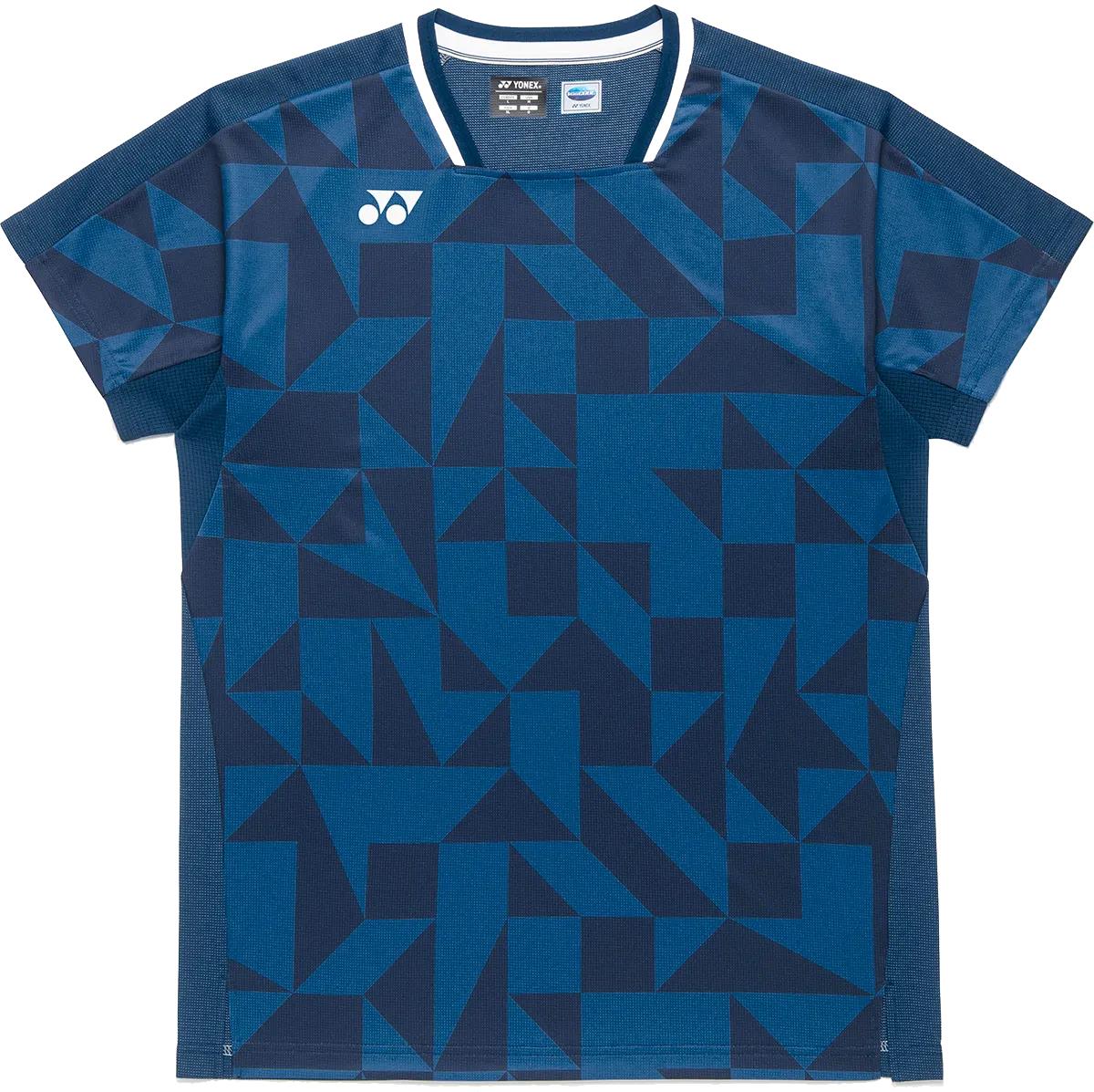 The Yonex 10712YX Crew Neck Men’s Badminton T-Shirt in Indigo Blue features short sleeves, a geometric pattern in dark blue shades, a white logo on the left chest, and a round crew neck with white trim.