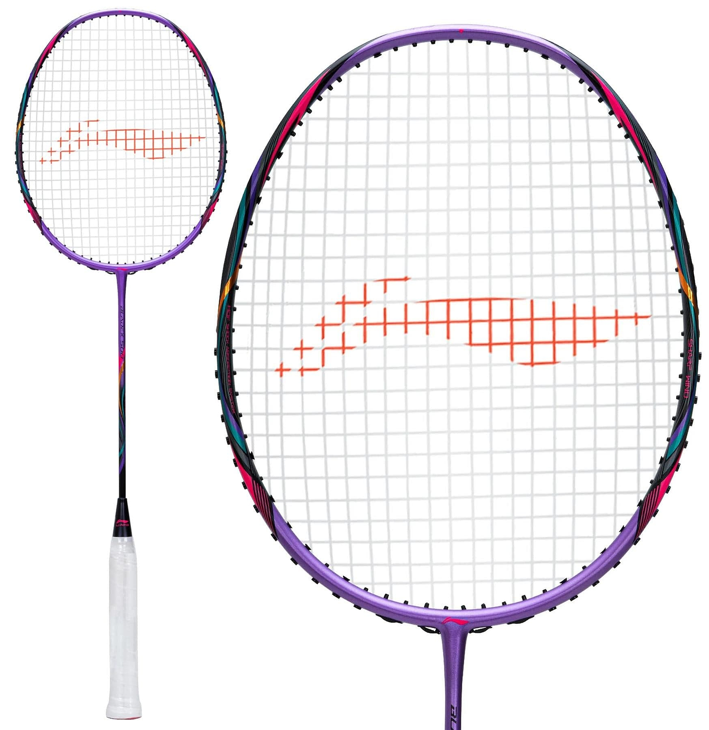 The Li-Ning BladeX 500 3U Badminton Racket - Zircon features TB Nano Technology, a purple frame, a white grip, and an orange string pattern; shown in both full view and a close-up of the racket head.