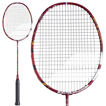The Babolat X-Feel Spark 2026 3U Badminton Racket, in striking red with a black grip and white accents, features a stringed oval head and slim shaft, showcasing impressive power—brand: Babolat.