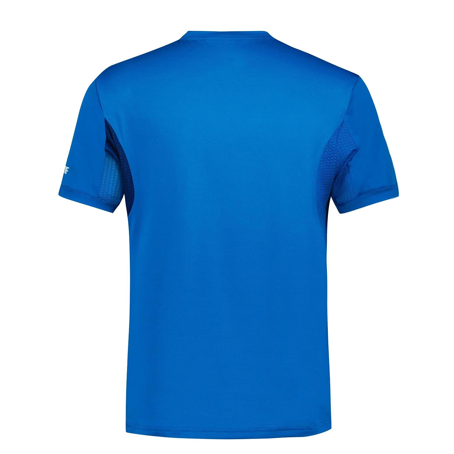 The Le Coq Sportif Pro Men's Badminton T-Shirt in Lapis Blue is shown from the back, featuring breathable side mesh panels and a small white logo on the left sleeve.