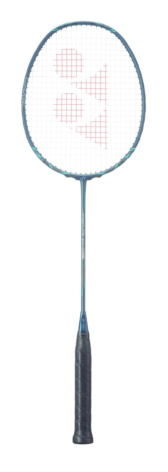 The Yonex Nanoflare 800 Game 4U Badminton Racket in Deep Green, designed for intermediate players, features a black grip, teal shaft, oval head, white strings with a red logo, and is shown on a white background.