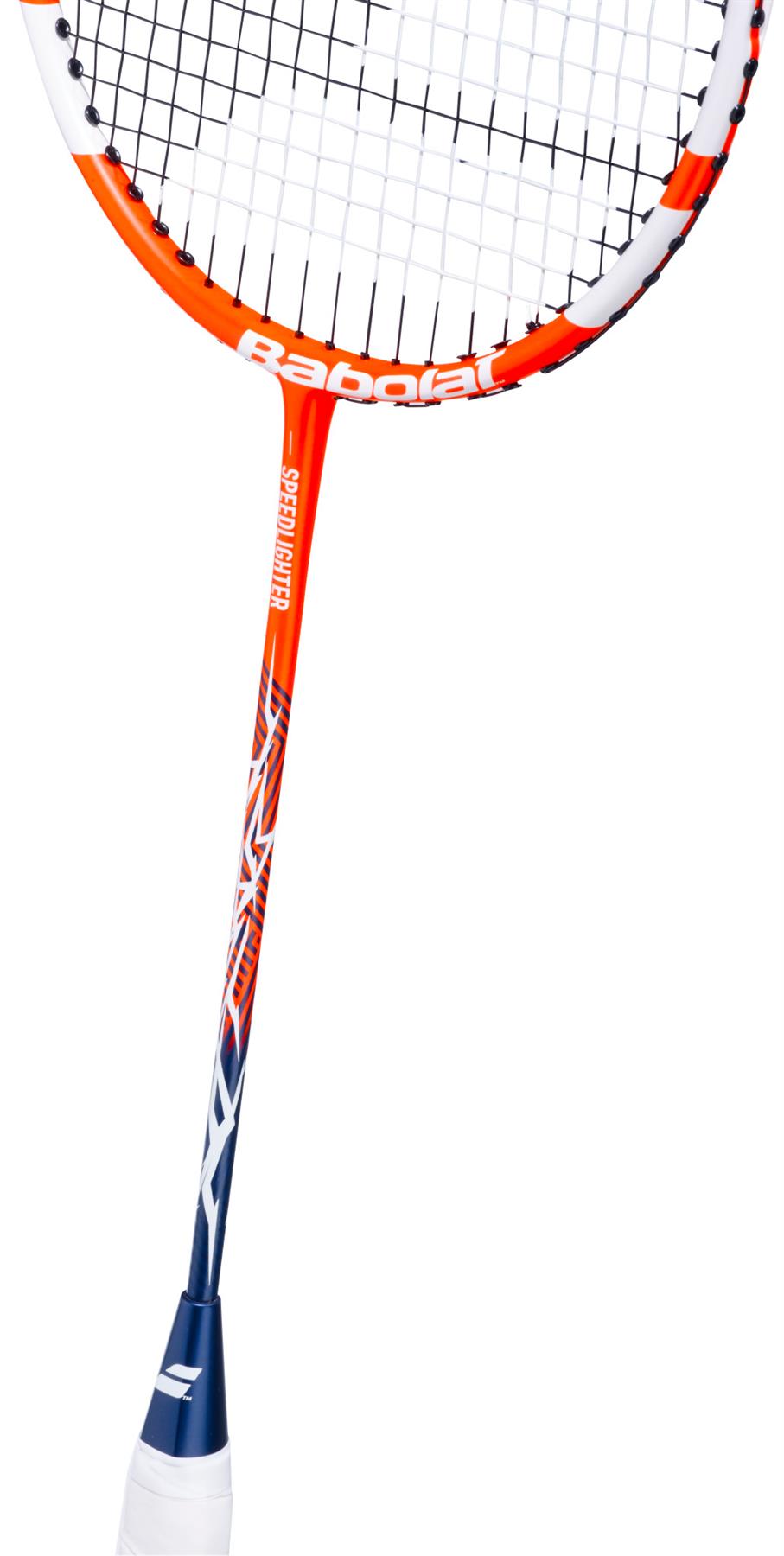 A close-up of the Babolat Speedlighter 2026 Badminton Racket in orange and white—an ideal choice for beginners and junior players—by Babolat, set against a white background.