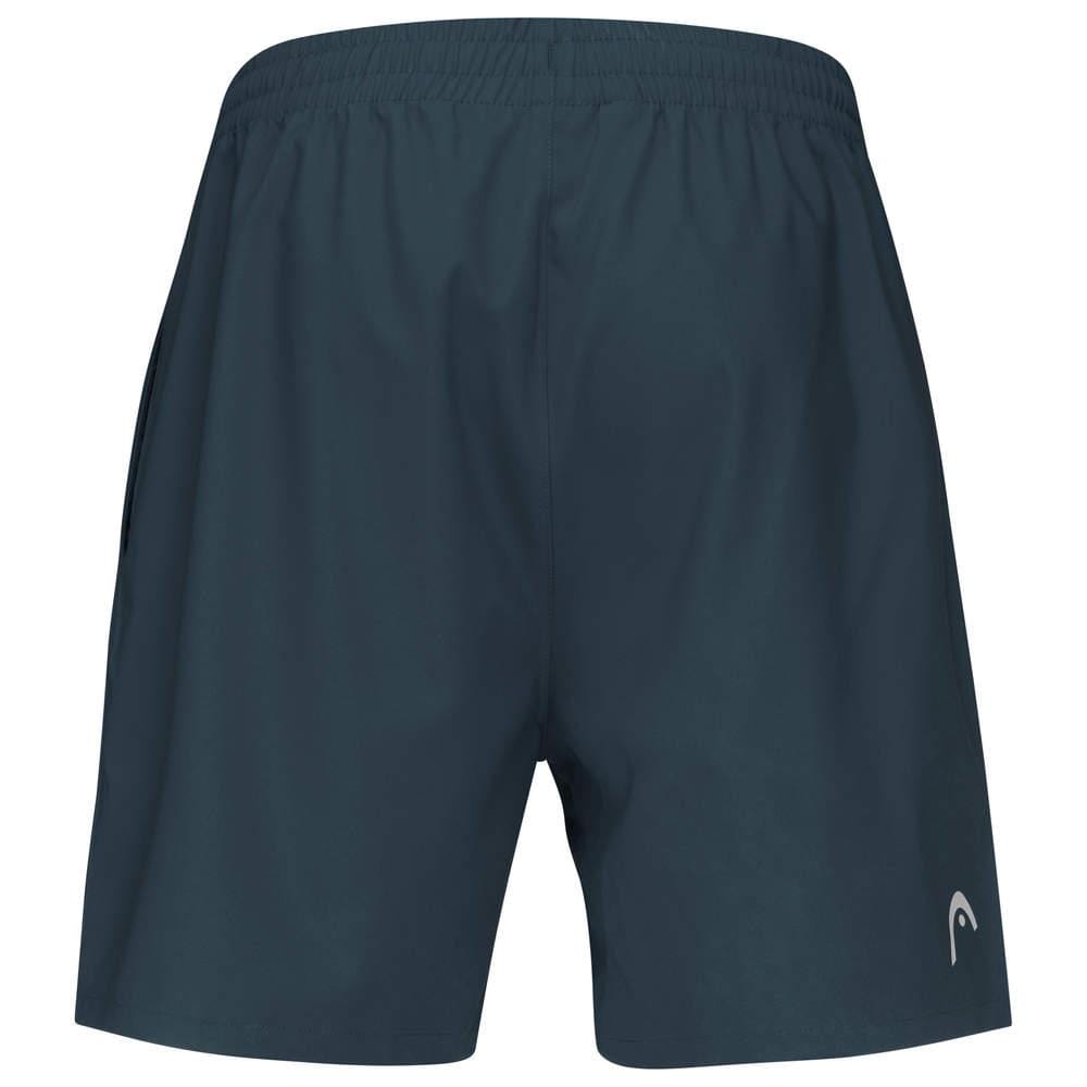 The HEAD Club Men's Badminton Shorts in navy feature an elasticated waistband and a small white logo on the front left hem. Crafted from breathable material, these lightweight shorts are ideal for sports or casual wear.