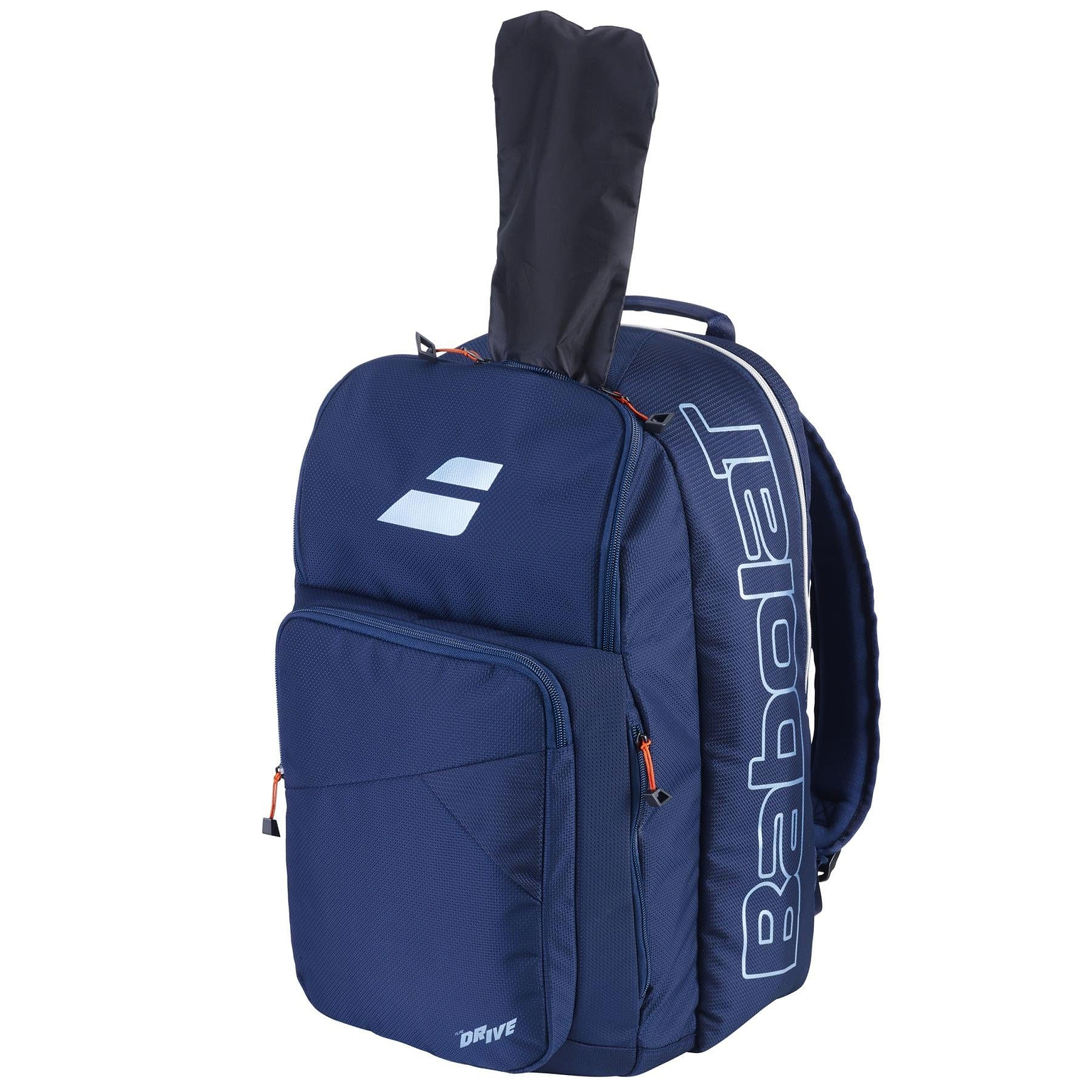 The Babolat Pure Drive Badminton Backpack in blue, branded with the "Drive" logo, features multiple zippered compartments. A racquet is partially visible in the back pocket with a black handle cover.