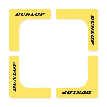 Arranged to form a square with an open center, these corner protectors come as four yellow pieces with black "Dunlop" text, crafted from non-slip rubber.