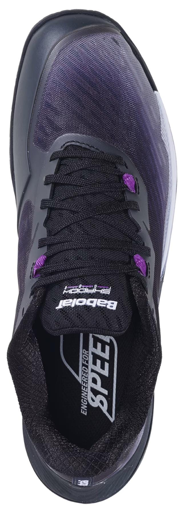 Top view of a Babolat Shadow Tour 5 Men’s Badminton Shoe in black/purple, with black laces and “Babolat” branding on the tongue and insole—premium indoor court footwear engineered for speed.