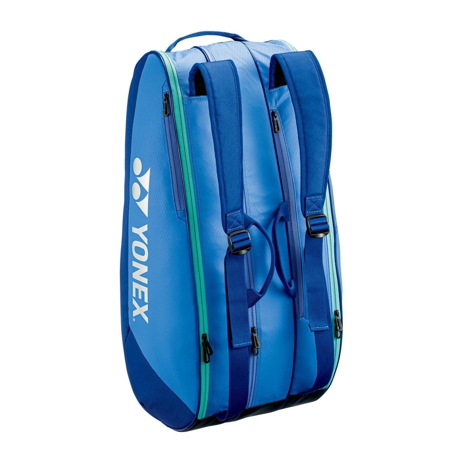 The Yonex 42529EX Team 9 Racket Badminton Bag in Blast Blue features two shoulder straps, the Yonex logo in white on the side, multiple zippered compartments, and a sleek design. Its high capacity suits both tennis and badminton players.
