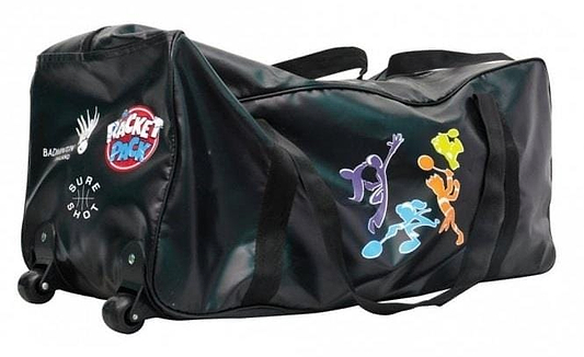 The "Sure Shot The Racket Pack Badminton Holdall With Wheels - Black" is a black sports bag featuring colorful athletic silhouettes and logos like "Racket Pac" and "Badminton England," making it ideal for junior players.