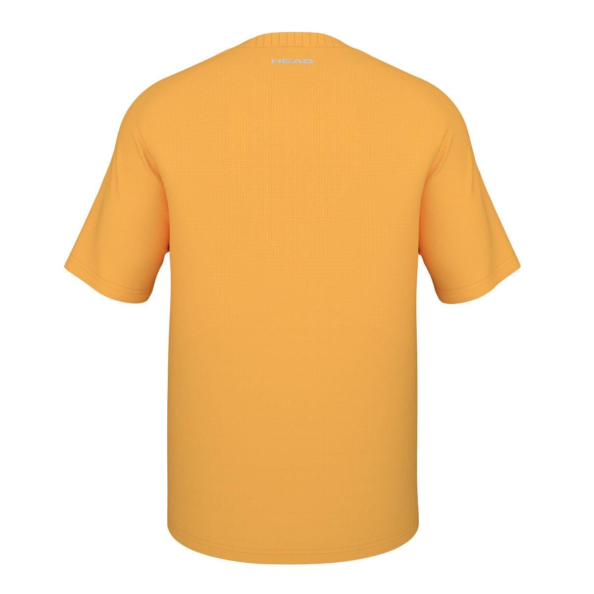 Back view of the HEAD Perfomance Mens Badminton T-Shirt - XPBN, a plain orange short-sleeve shirt with a small "HEAD" logo near the neckline. Features moisture-wicking fabric, relaxed fit, and solid color design for comfort on court.