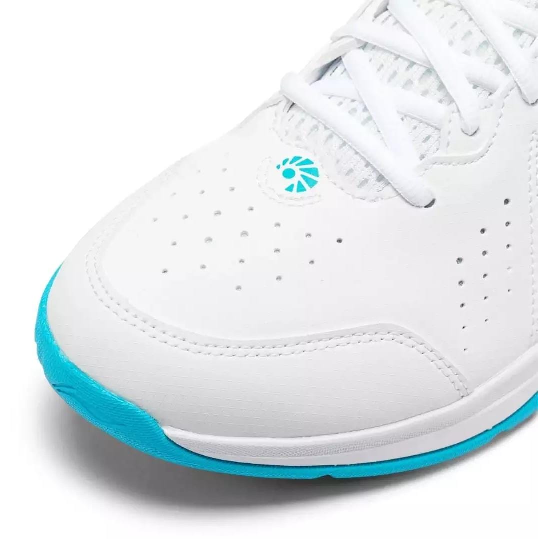 Close-up of the Li-Ning Almighty V2.0 Unisex Badminton Shoes in white and blue, featuring white laces, perforated panels for breathability, turquoise accents, a small logo, and flexible design for agile court moves.