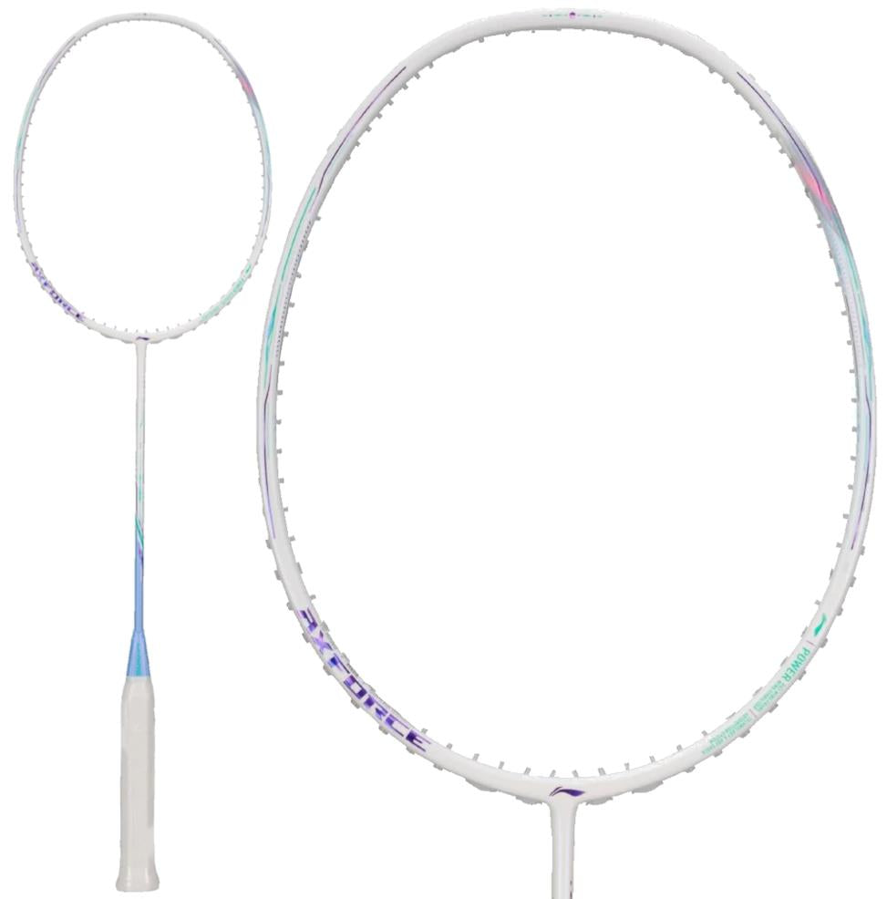 The Li-Ning Axforce 80 5U Badminton Racket in White and Light Purple, by Li-Ning, is displayed in full view and as a close-up of the racket head against a plain white background.