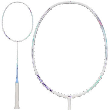 The Li-Ning Axforce 80 5U Badminton Racket in White and Light Purple, by Li-Ning, is displayed in full view and as a close-up of the racket head against a plain white background.