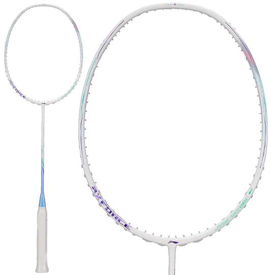 The Li-Ning Axforce 80 5U Badminton Racket in White and Light Purple, by Li-Ning, is displayed in full view and as a close-up of the racket head against a plain white background.