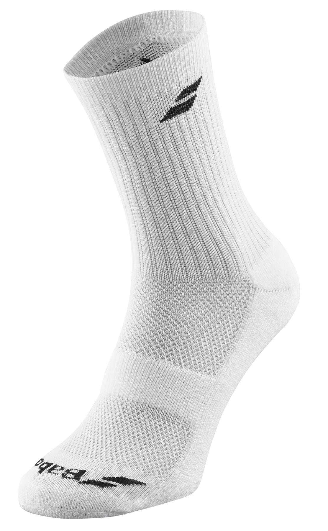 One Babolat Long Badminton Sock from the 3 Pack in white, blue, and grey features a ribbed texture with a black logo near the top. The sock includes ventilated zones for breathability and extra cushioning around the foot to ensure comfort and support.