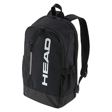 The HEAD BASE Badminton Backpack 17L - Black features a dedicated racket compartment, side pockets, a top handle, and adjustable padded shoulder straps. "HEAD" is printed vertically in bold white on the front. Capacity: 17L.