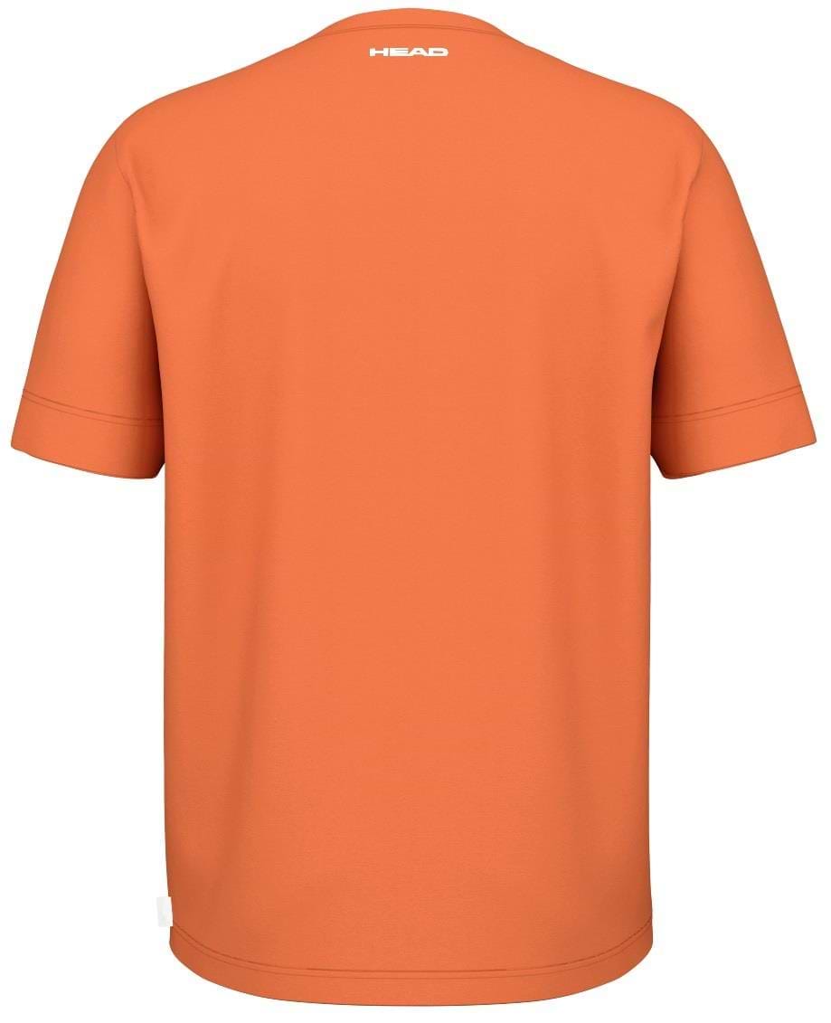 Back view of the HEAD Slice II Men's Badminton T-Shirt - CN in orange, featuring a white "HEAD" logo near the neckline. This shirt offers simple, comfortable design with moisture transfer microfiber and no extra patterns or graphics.