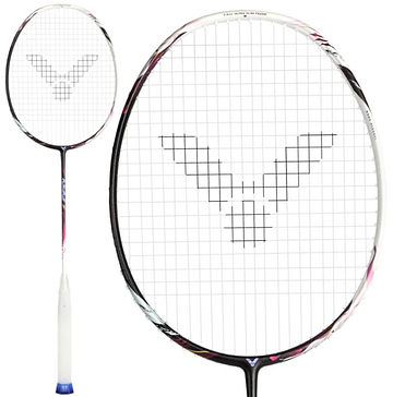 The Victor Auraspeed Fantôme AF 4U Badminton Racket by Victor is shown upright in close-up, featuring a white grip, black frame with white accents, a large "V" string pattern, and advanced Nano Aerogel technology.