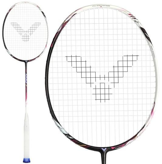 The Victor Auraspeed Fantôme AF 4U Badminton Racket by Victor is shown upright in close-up, featuring a white grip, black frame with white accents, a large "V" string pattern, and advanced Nano Aerogel technology.