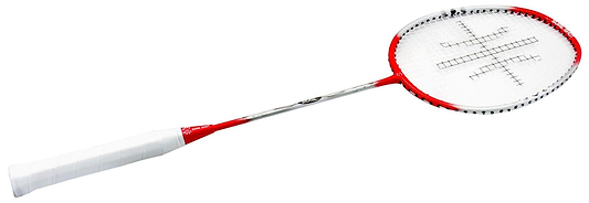 The Sure Shot Tokyo Badminton Racket - Red/White is perfect for beginners, with a white grip, silver graphite composite shaft, and a red frame that pairs well with the black and red patterned strings.