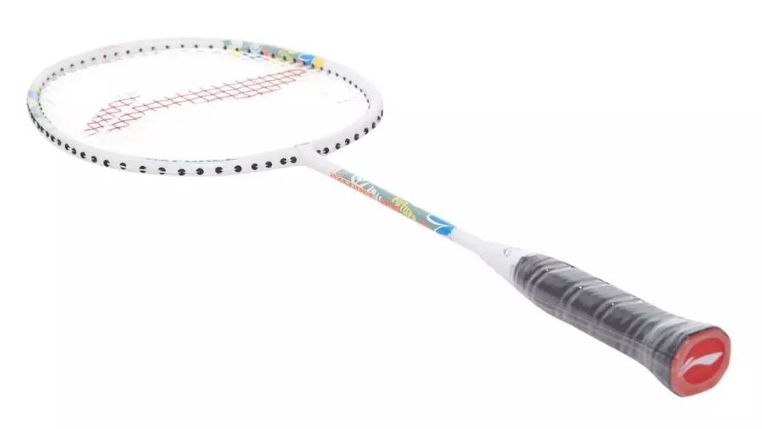 The Li-Ning Axforce Kids Play Junior Badminton Racket in Pearl White features a colorful frame, black grip handle, and vibrant red strings. Its lightweight construction and modern design ensure young players swing effortlessly and stylishly.