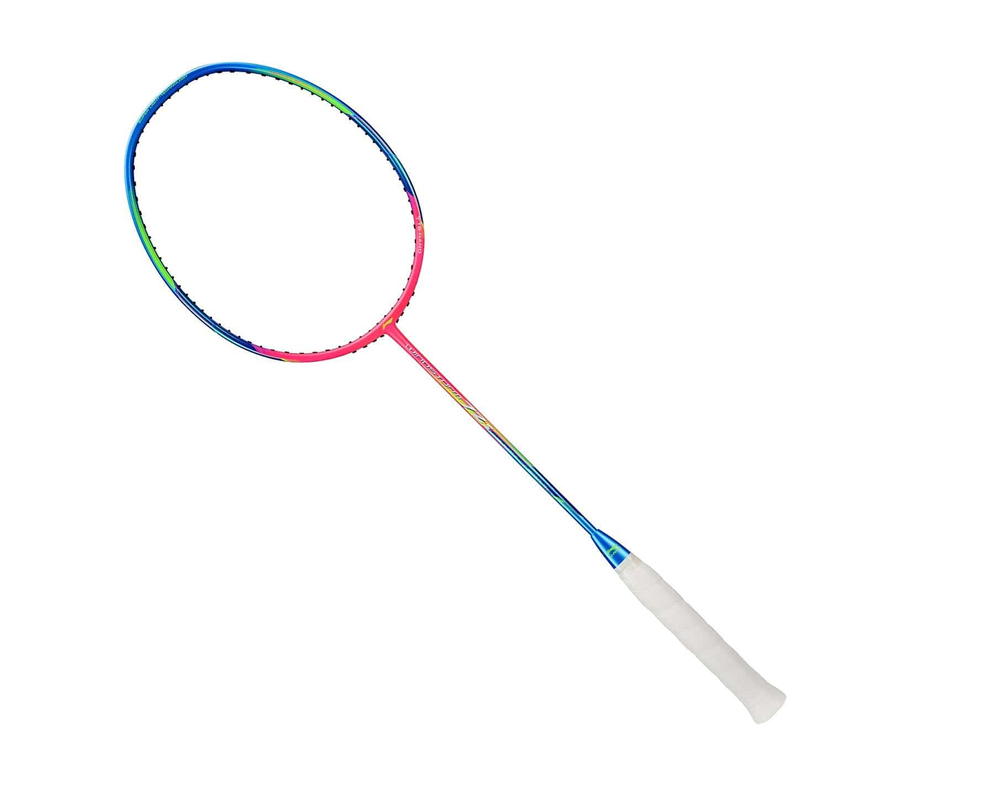 The Li-Ning Windstorm 72S 6U is a lightweight badminton racket featuring a gradient that transitions from blue at the head to red and pink along the shaft, ending in blue near the handle. Enhanced with TB Nano Technology, its white grip tape completes this elegant neon pink design.