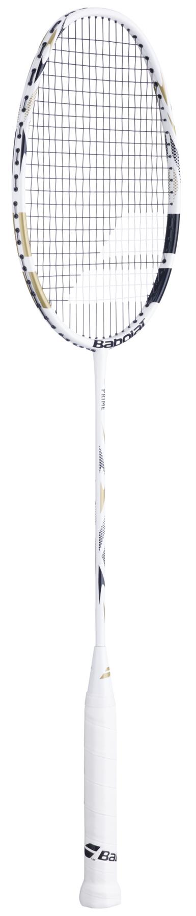 The Babolat Prime 2026 Badminton Racket in white and gold features black strings and a white grip handle, accented with black and gold details, displayed against a plain white background.