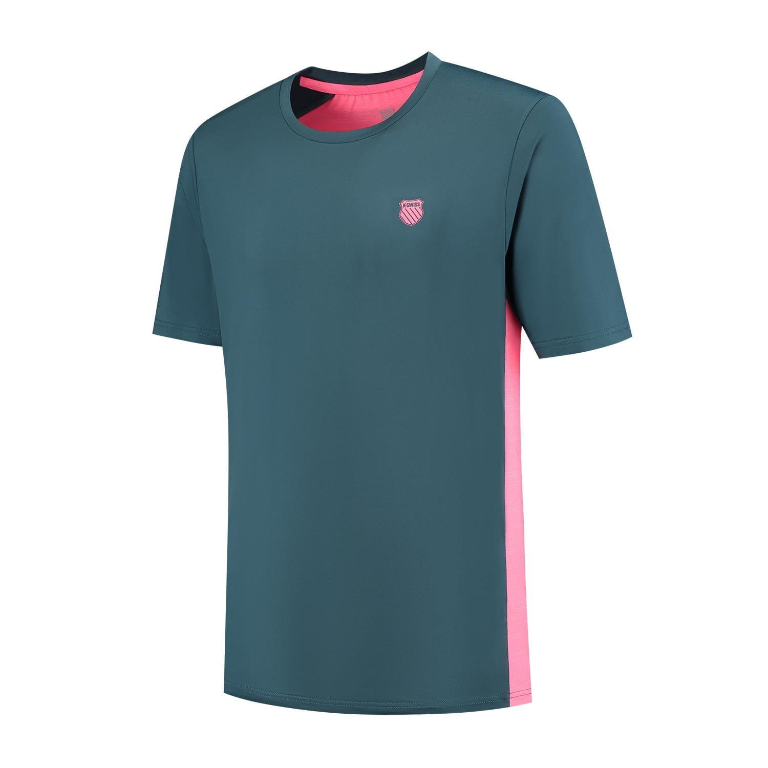 The K-Swiss Hypercourt Mix Melange Men's Badminton T-Shirt in Stargazer/Pink features short sleeves, pink side panels, a pink shield logo on the left chest, and a pink inner collar. Displayed against a plain white background.
