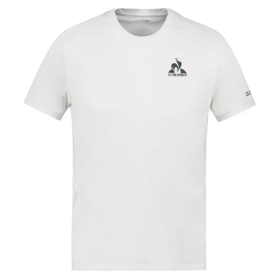 The Le Coq Sportif Pro Mens Badminton T-Shirt in Optical White is a breathable short-sleeve shirt with the Le Coq Sportif logo on the chest and "LE COQ SPORTIF" text on the sleeve, designed for badminton.
