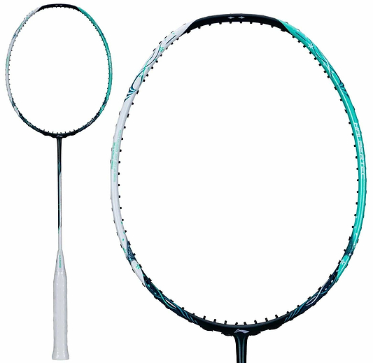 A Li-Ning Halbertec 6000 5U Badminton Racket - Jade Green by Li-Ning, shown with a white grip and jade green Nano Frame System, featuring full and close-up views of the racket head on a white background.