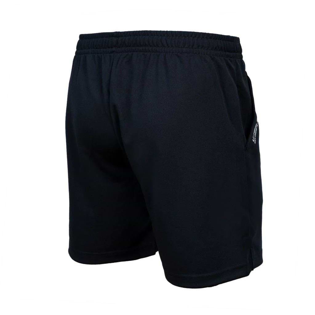 These Li-Ning Simple Men's Badminton Shorts in black feature AT DRY Technology, an elastic waistband, and side pockets. With a smooth and lightweight fabric, they are perfect for performance sportswear enthusiasts.