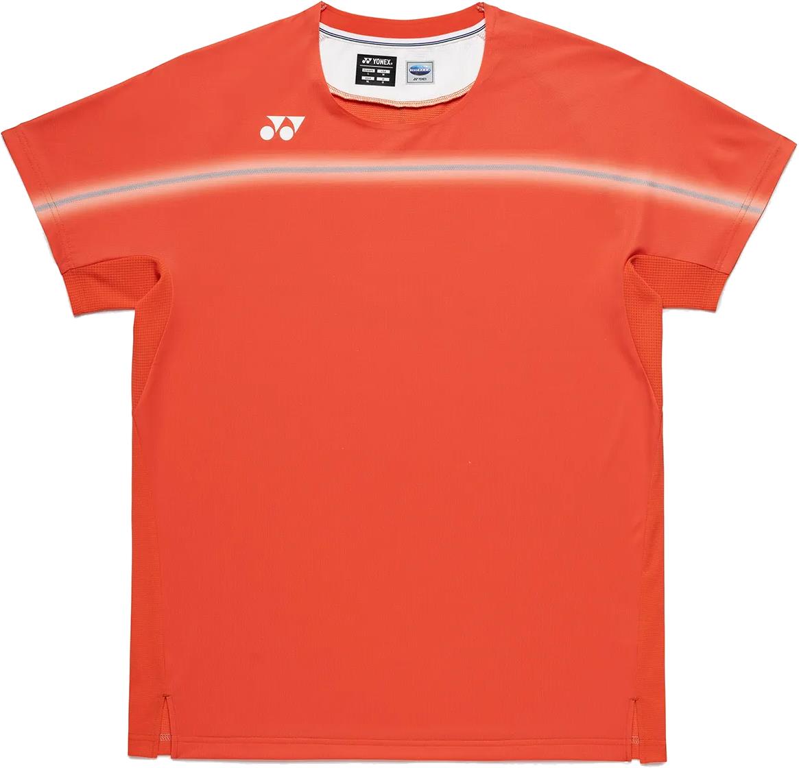 The Yonex 10711YX Crew Neck Men's Badminton T-Shirt in Cyber Orange features short sleeves, a thin white chest stripe, and a small white logo near the collar—ideal performance apparel for badminton enthusiasts.