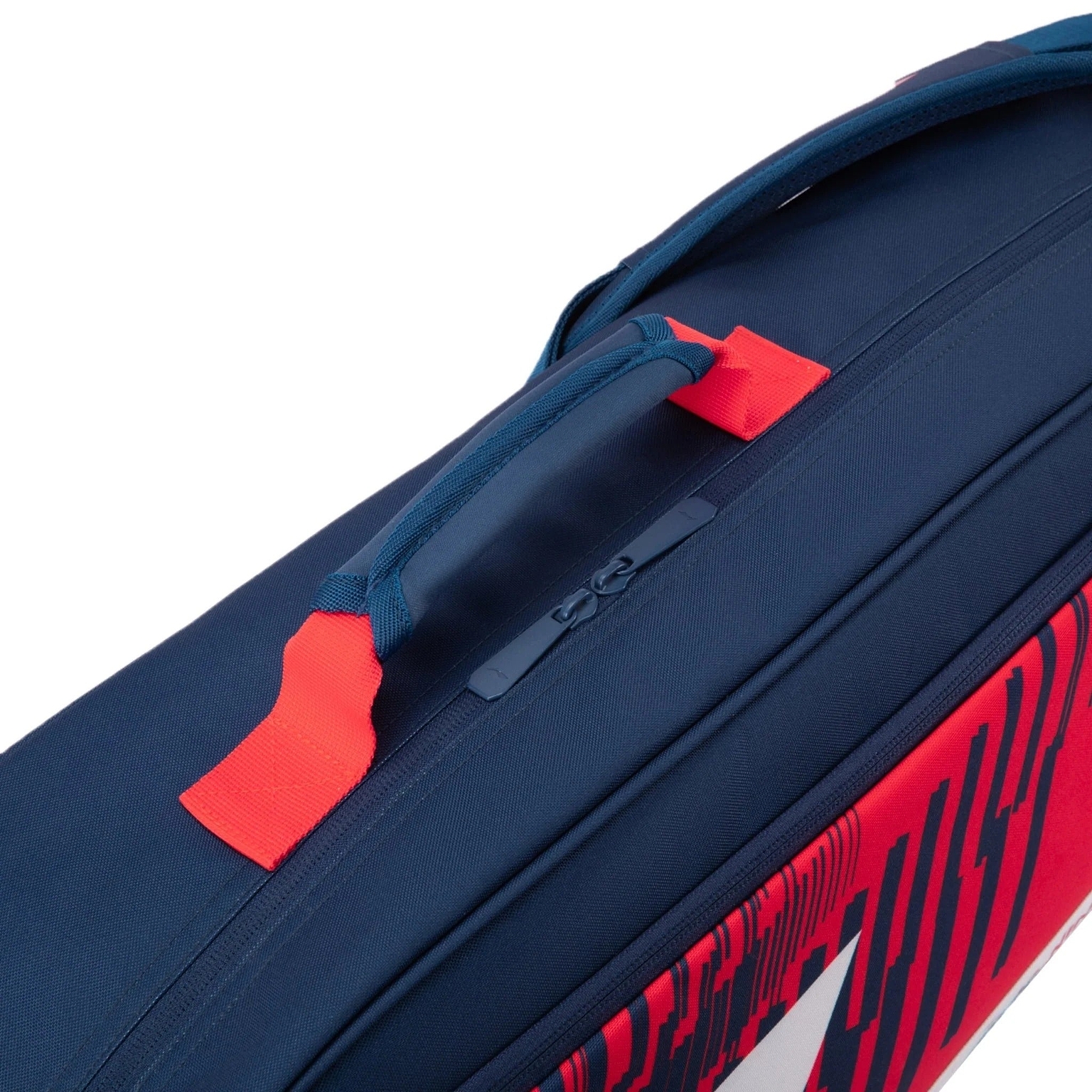 A close-up of the Li-Ning Training Series 3 Racket Badminton Bag in blue and red, featuring a prominent red accent strap, a large zipper, and part of the distinctive red and white graphic design along the side.