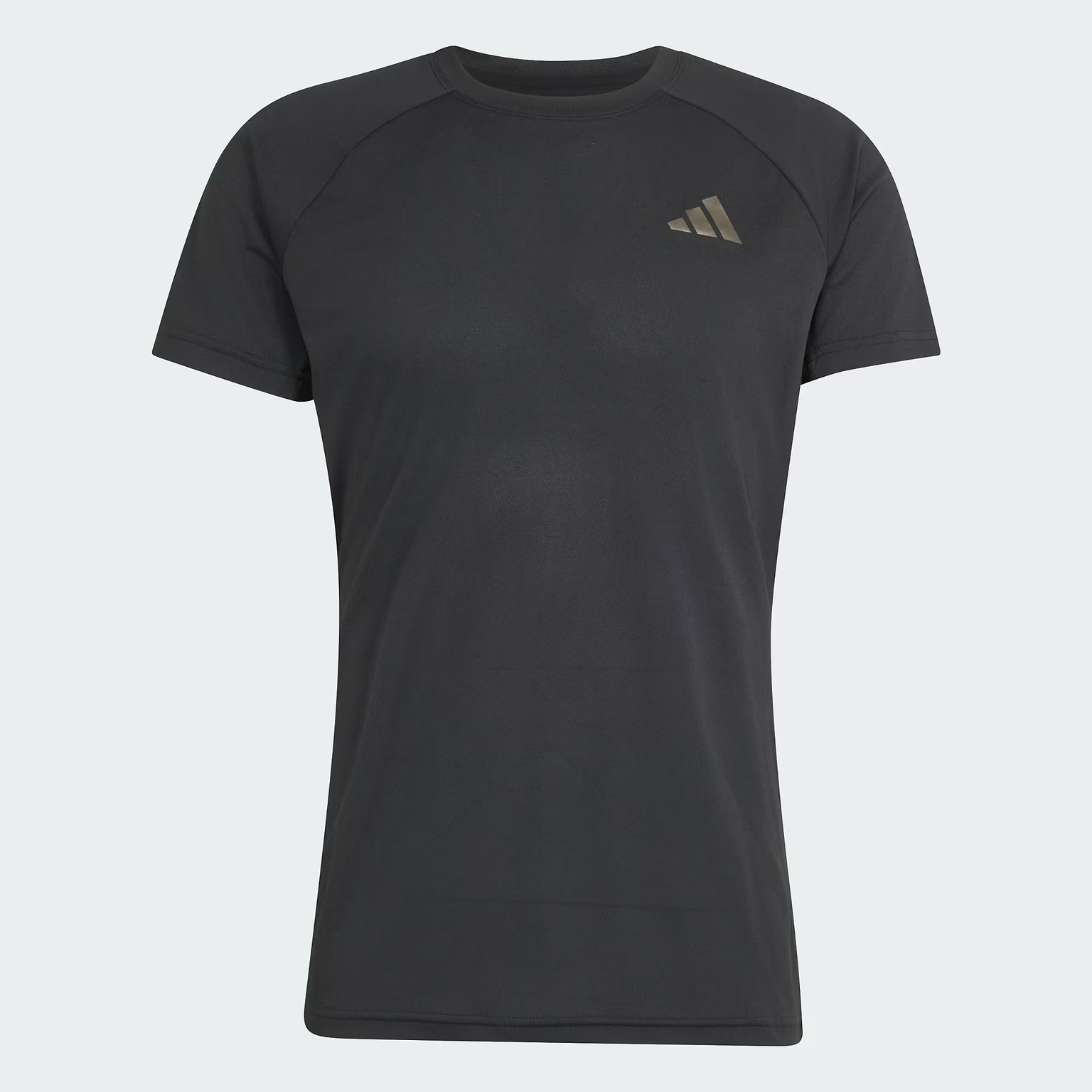A plain black short-sleeve athletic t-shirt with a small, light-colored adidas logo on the left chest is displayed on a white background. The ADIDAS Climacool+ Freelift Pro Men’s Badminton T-Shirt - Black features advanced cooling technology, making it an ideal performance shirt for intense badminton matches and training sessions.