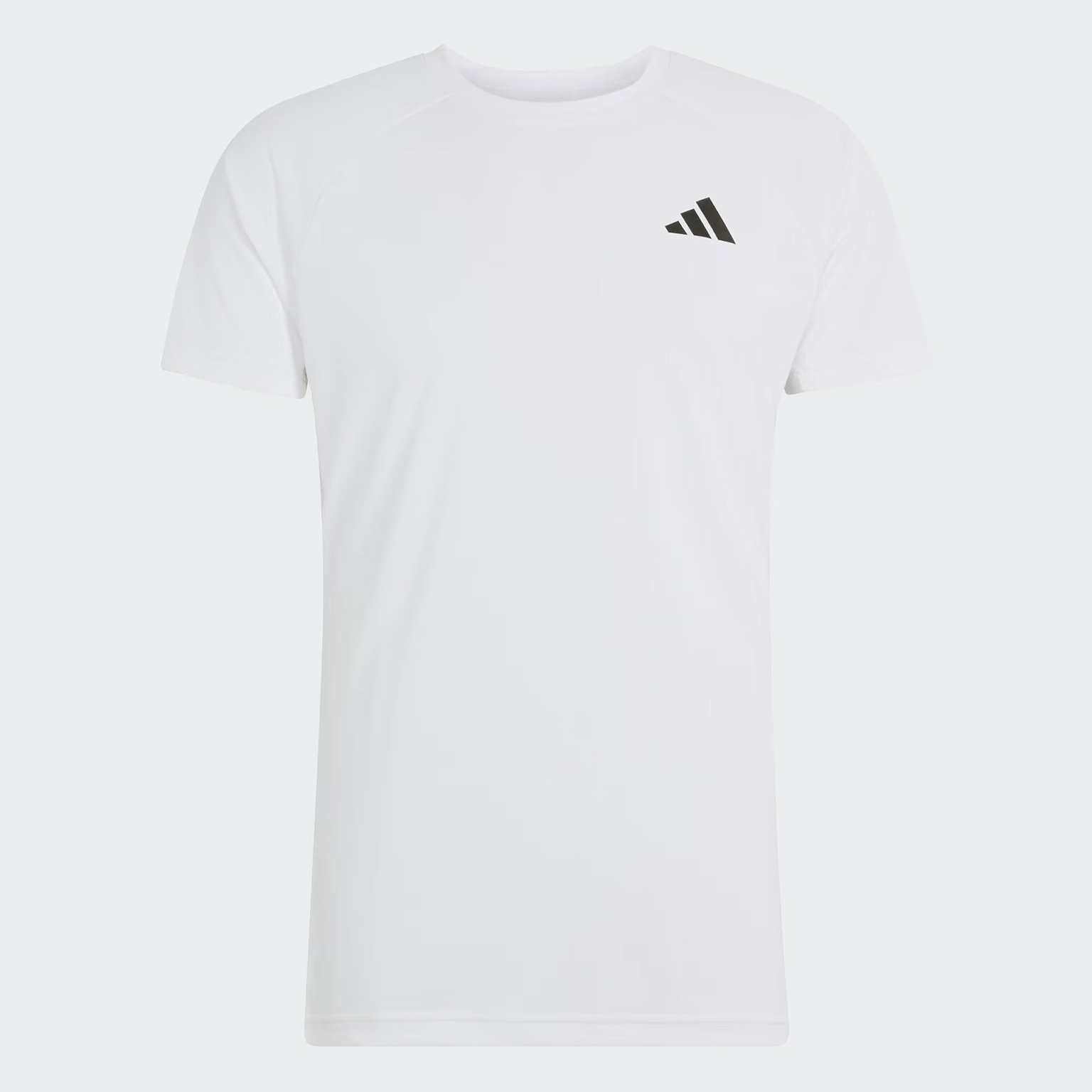 The ADIDAS Climacool+ Freelift Pro Men’s Badminton T-Shirt in white features a small black adidas logo on the left chest and is designed as a quick-drying sports tee for enhanced comfort, displayed against a light background.