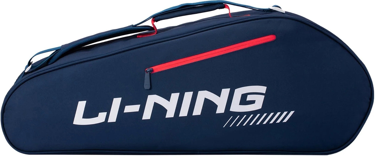 The Li-Ning Training Series 3 Racket Badminton Bag in blue and red, featuring a white Li-Ning brand logo, is designed for carrying rackets and is shown against a white background.
