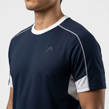 A man is shown from shoulders to mid-torso wearing the HEAD Play Tech Mens Badminton T-Shirt in navy, against a plain white background.