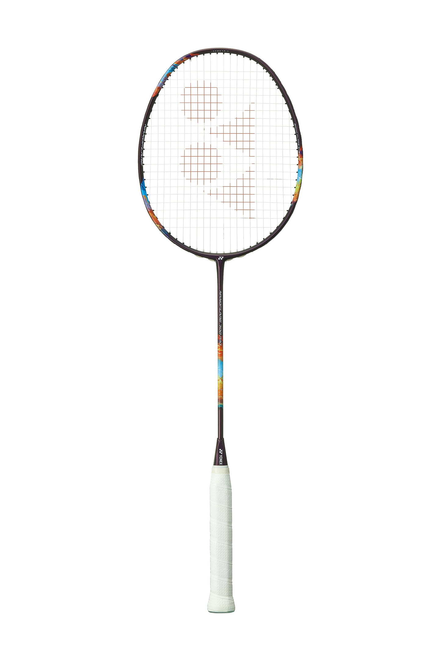 The Yonex Nanoflare 700 Pro 4U Badminton Racket in Midnight Purple is an aggressive racket designed for advanced players who value precision and power. It features a circular head and grid-patterned strings, with a striking combination of colorful blue and orange designs on the shaft.