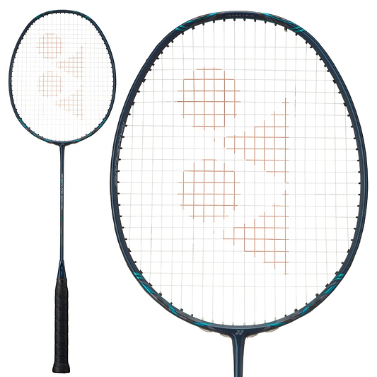 The Yonex Nanoflare 800 Pro 4U Badminton Racket in deep green includes a frame made from high-modulus graphite. Its string pattern features an orange logo with diagonal lines and circles. The modern design is presented from two angles, emphasizing its state-of-the-art craftsmanship.