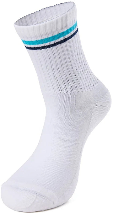 The Li-Ning Badminton Socks - White / Blue feature a ribbed texture, dark blue and light blue stripes near the top, and a cushioned sole for comfort. Displayed upright, these Li-Ning socks highlight their sleek shape and design.