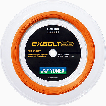 A Yonex Exbolt 68 Badminton String Flash Orange 0.68mm 200m reel, made with forged fiber for durability and agile smashes, comes coiled in a clear case with the Yonex brand label.