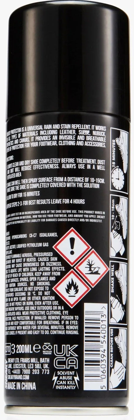 Sneaky Spray Shoe Protection - 200ml by Sneaky comes in a black aerosol can featuring detailed label text, including clear warning symbols for flammability, irritant, and environmental hazards, as well as comprehensive usage instructions and safety precautions. The can displays both the barcode and recycling symbols near its base. This water repellent spray acts as a highly effective sneaker protector, helping to shield your footwear from moisture and stains.